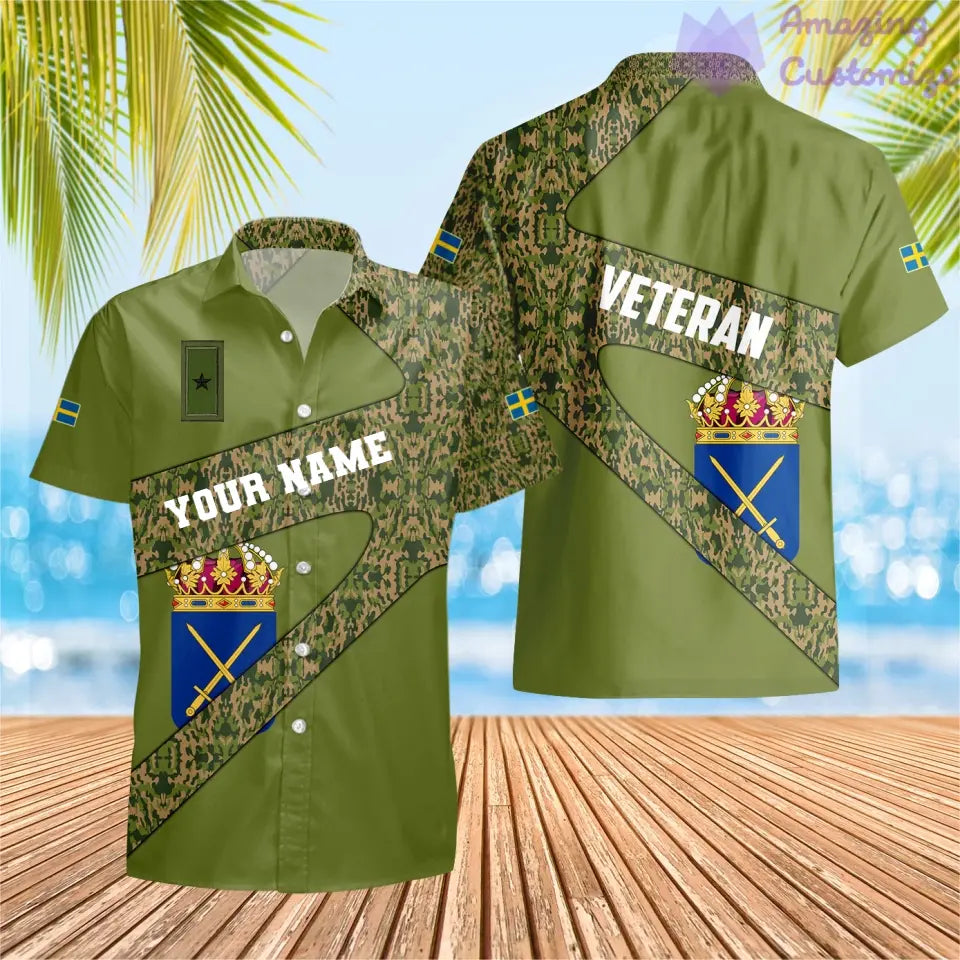 Personalisiertes schwedisches Soldaten-/Veteranen-Tarnhemd mit Namen und Rang, Hawaii-Hemd, 3D-Druck – 3001240001