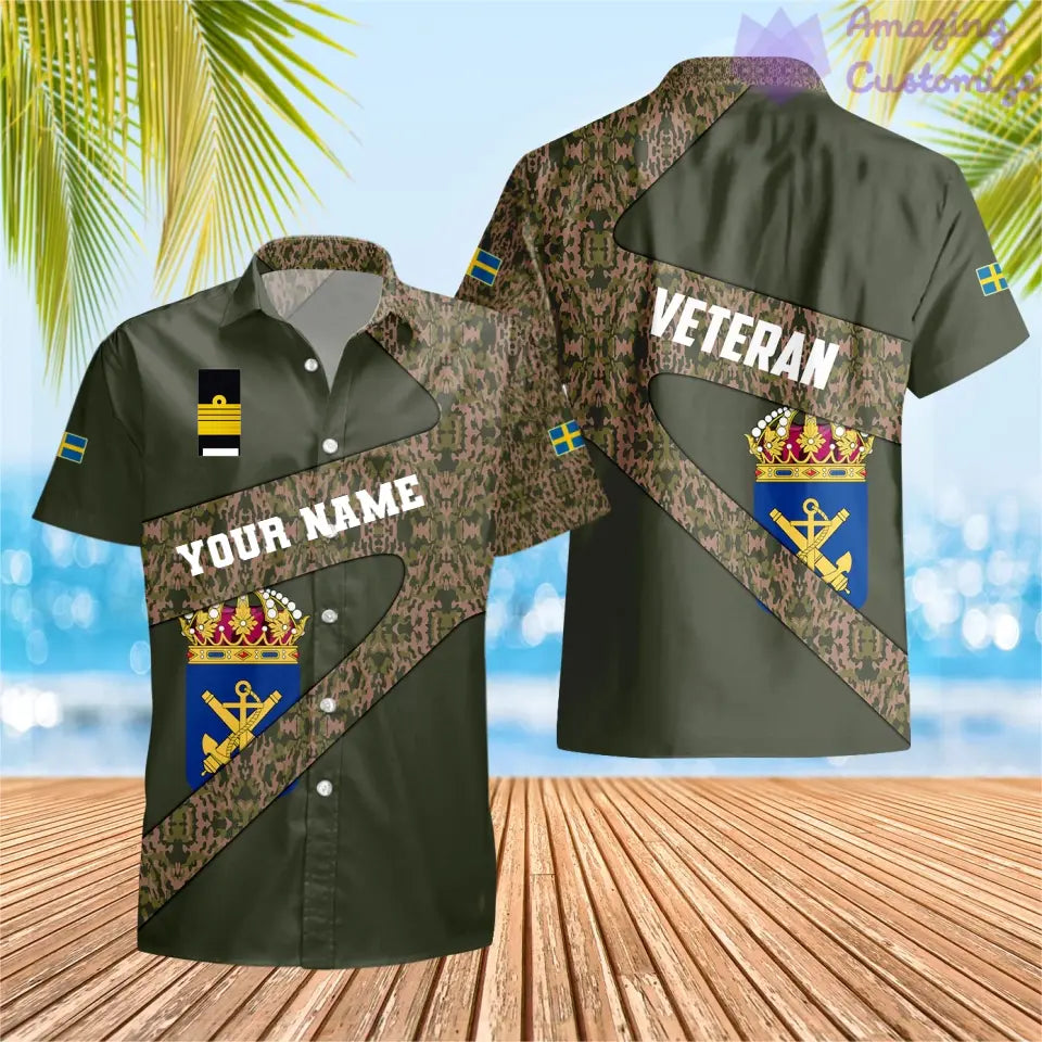 Personalisiertes schwedisches Soldaten-/Veteranen-Tarnhemd mit Namen und Rang, Hawaii-Hemd, 3D-Druck – 3001240001