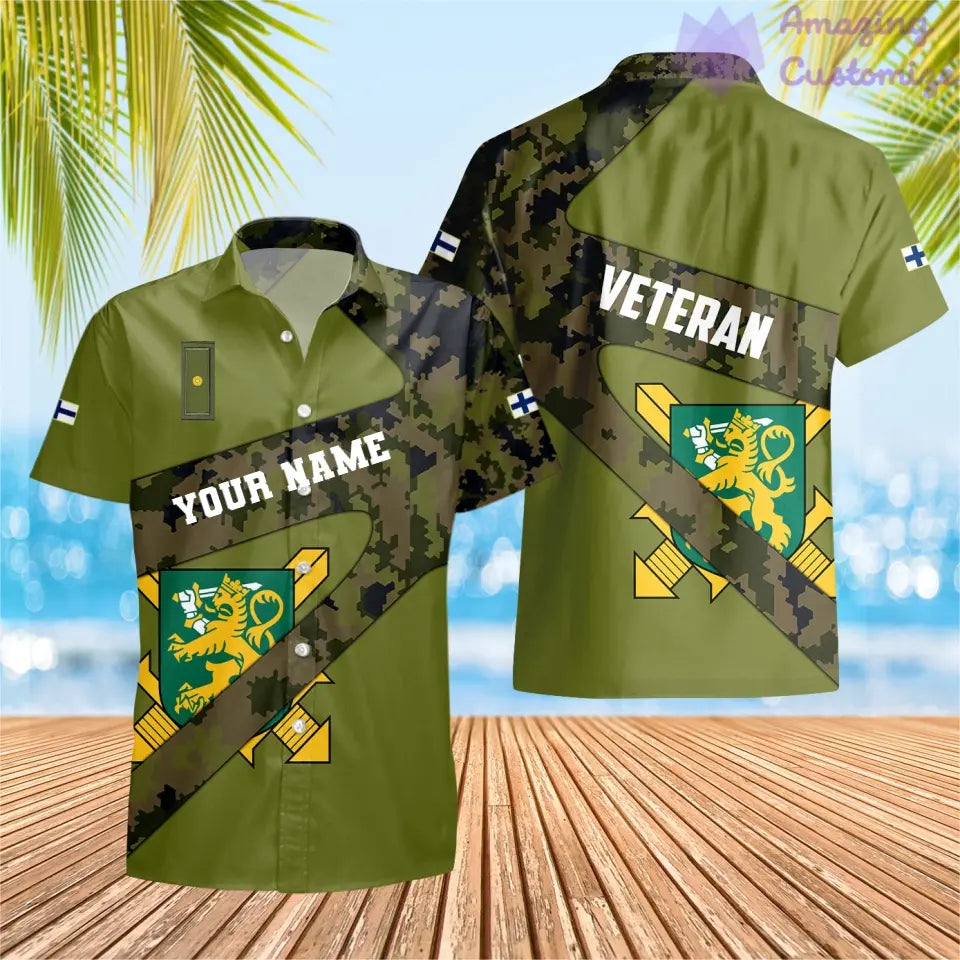 Personalisiertes Hawaiihemd mit 3D-Druck für finnische Soldaten/Veteranen im Camouflage-Muster mit Namen und Rang – 3001240001