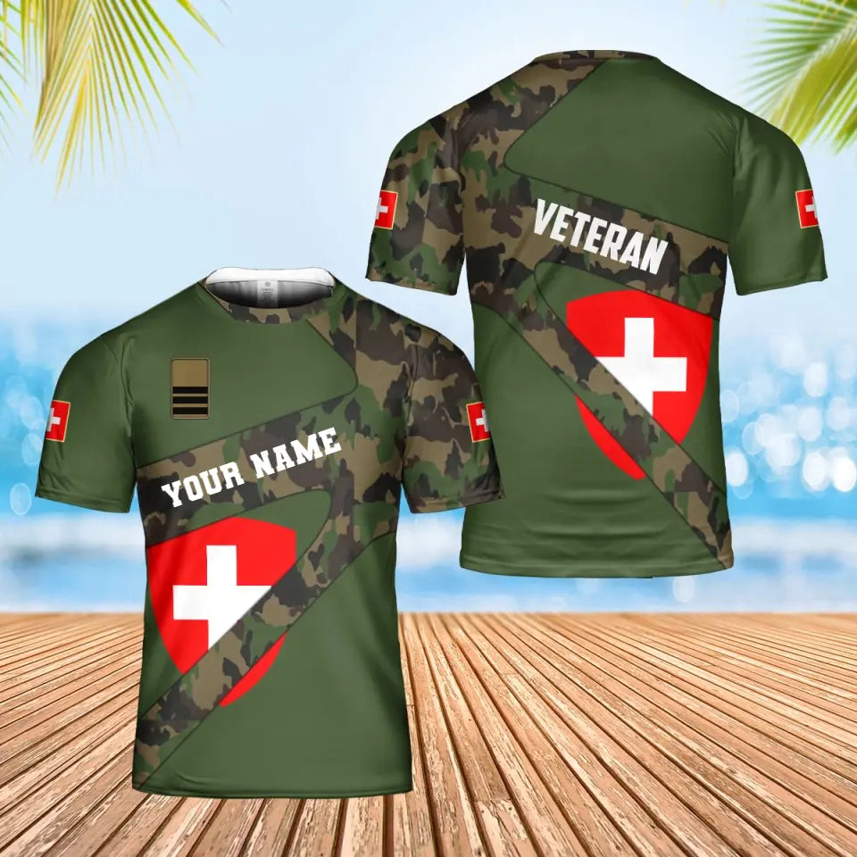 Personalisiertes T-Shirt mit Schweizer Soldaten-/Veteranen-Tarnmuster und Namen und Rang, 3D-Druck – 2601240001