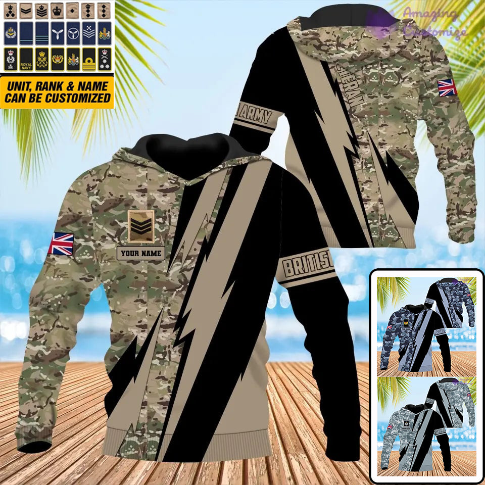 Sweat à capuche personnalisé avec camouflage soldat/vétéran britannique avec nom et grade imprimé en 3D - 0503240001