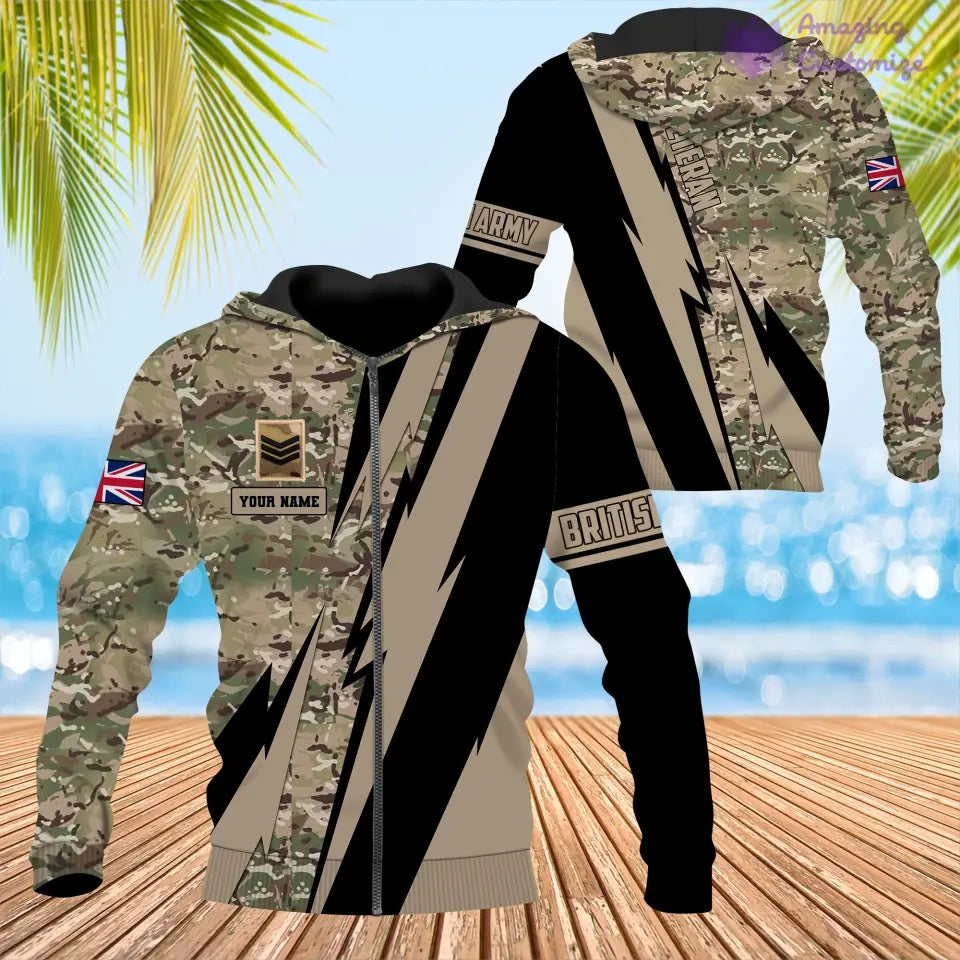 T-shirt Hawaïen personnalisé avec camouflage soldat/vétéran britannique avec nom et grade imprimé en 3D - 0503240001