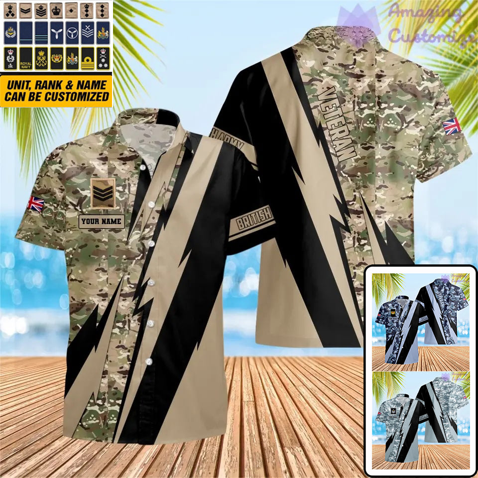 T-shirt Hawaïen personnalisé avec camouflage soldat/vétéran britannique avec nom et grade imprimé en 3D - 0503240001