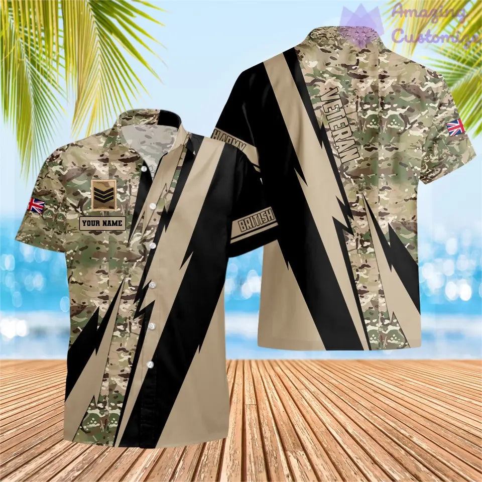 T-shirt Hawaïen personnalisé avec camouflage soldat/vétéran britannique avec nom et grade imprimé en 3D - 0503240001