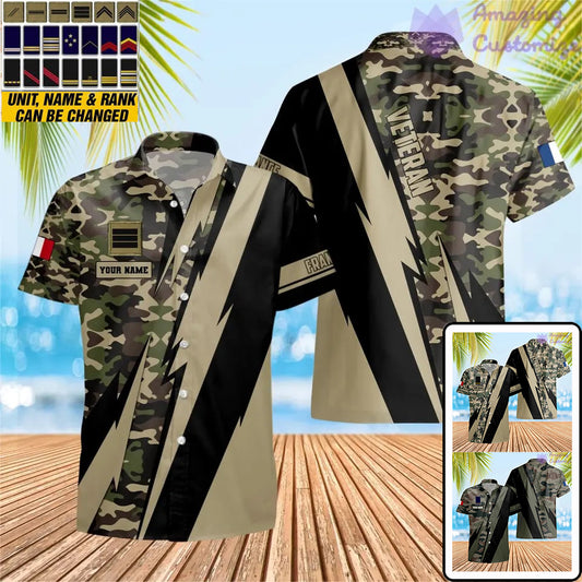 Personalisiertes Hawaiihemd mit 3D-Druck für französische Soldaten/Veteranen im Camouflage-Muster mit Namen und Rang – 0503240001