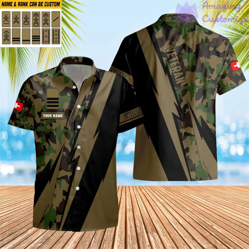 Personalisiertes Schweizer Soldat/Veteranen-Tarnhemd mit Namen und Rang, Hawaii-Hemd, 3D-Druck – 0503240001