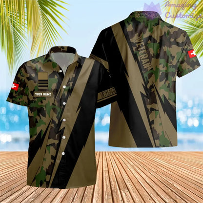 T-shirt Hawaï personnalisé avec camouflage soldat/vétéran suisse avec nom et grade imprimé en 3D - 0503240001