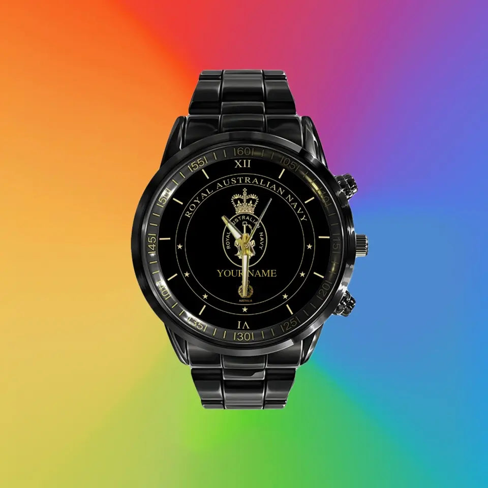 Montre personnalisée en acier inoxydable noir pour soldat/vétéran australien avec nom et grade - 0603240001 - Version dorée