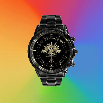 Montre personnalisée en acier inoxydable noir pour soldat/vétéran australien avec nom et grade - 0603240001 - Version dorée