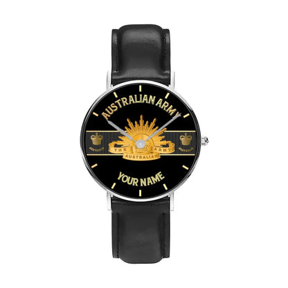 Montre personnalisée en cuir noir avec coutures noires pour soldat/vétéran australien avec nom et grade - 0703240001 - Version dorée