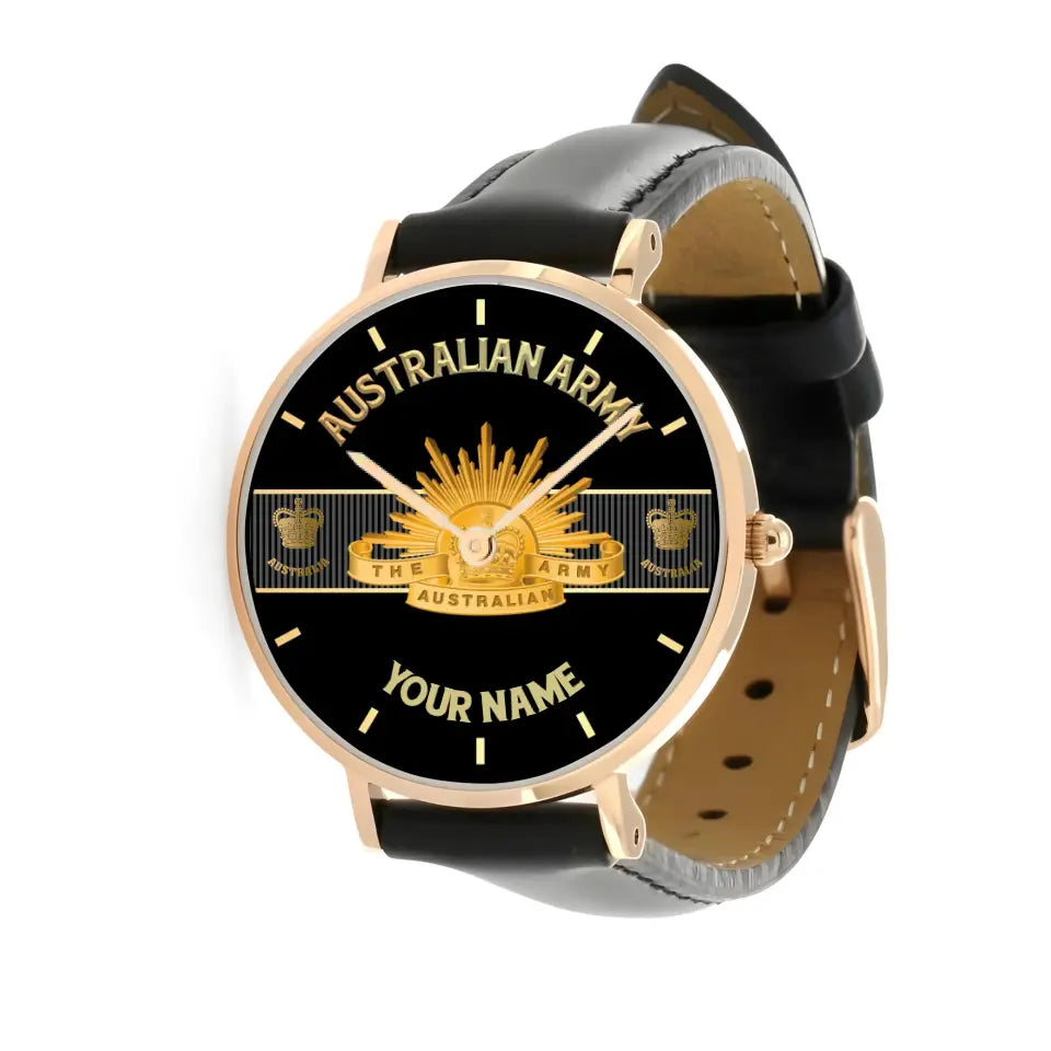 Montre personnalisée en cuir noir avec coutures noires pour soldat/vétéran australien avec nom et grade - 0703240001 - Version dorée