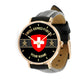 Montre personnalisée en cuir noir avec coutures noires pour soldat/vétéran suisse avec nom et grade - 0703240001 - Version dorée