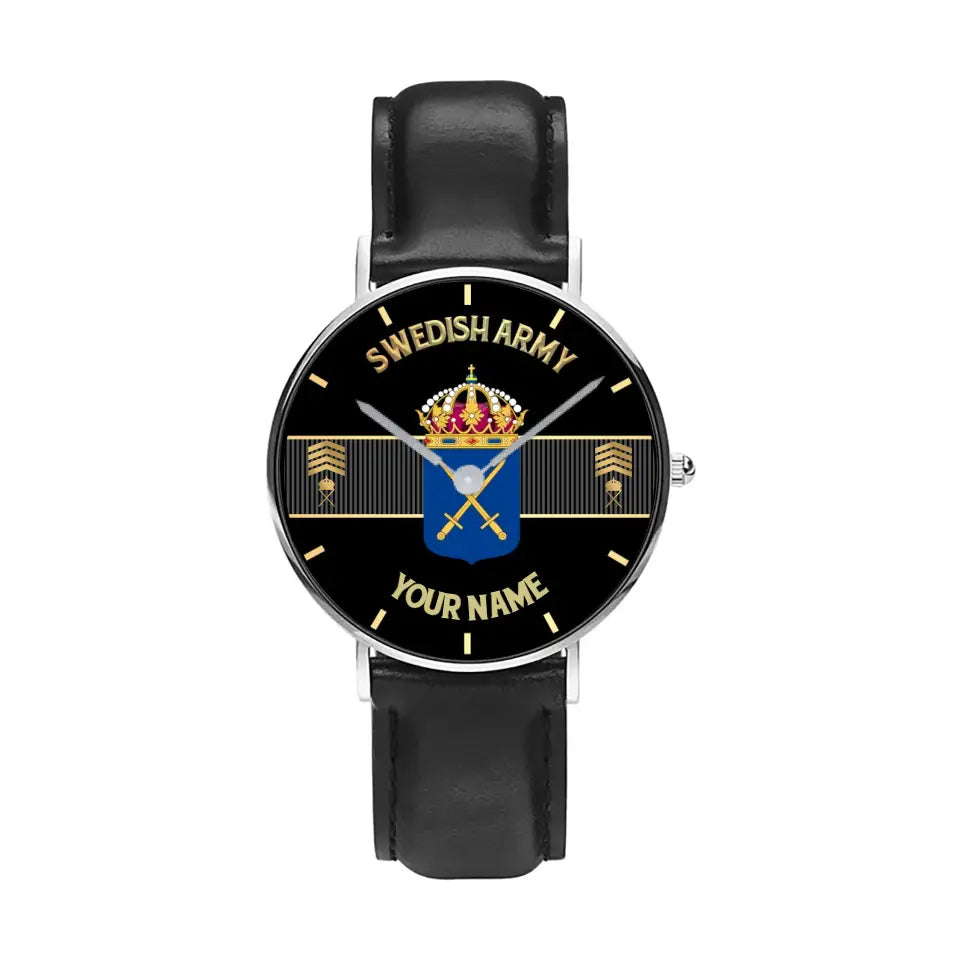 Personalized Sweden Soldier/ Veteran With Name And Rank Black Stitched Leather Watch - 0703240001 - Gold Version