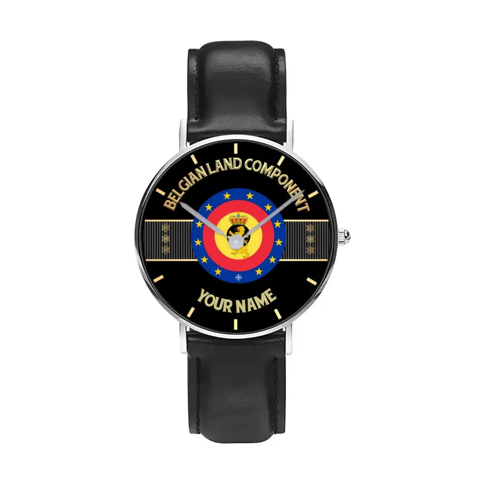 Personalized Belgium Soldier/ Veteran With Name And Rank Black Stitched Leather Watch - 0703240001 - Gold Version