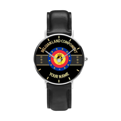 Personalized Belgium Soldier/ Veteran With Name And Rank Black Stitched Leather Watch - 0703240001 - Gold Version