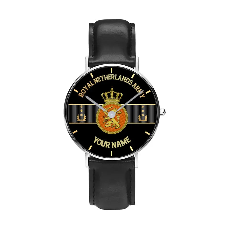 Personalized Netherlands Soldier/ Veteran With Name And Rank Black Stitched Leather Watch - 0703240001 - Gold Version