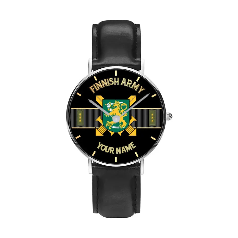 Personalisierte finnische Soldat/Veteran mit Namen und Rang schwarze genähte Lederuhr - 0703240001