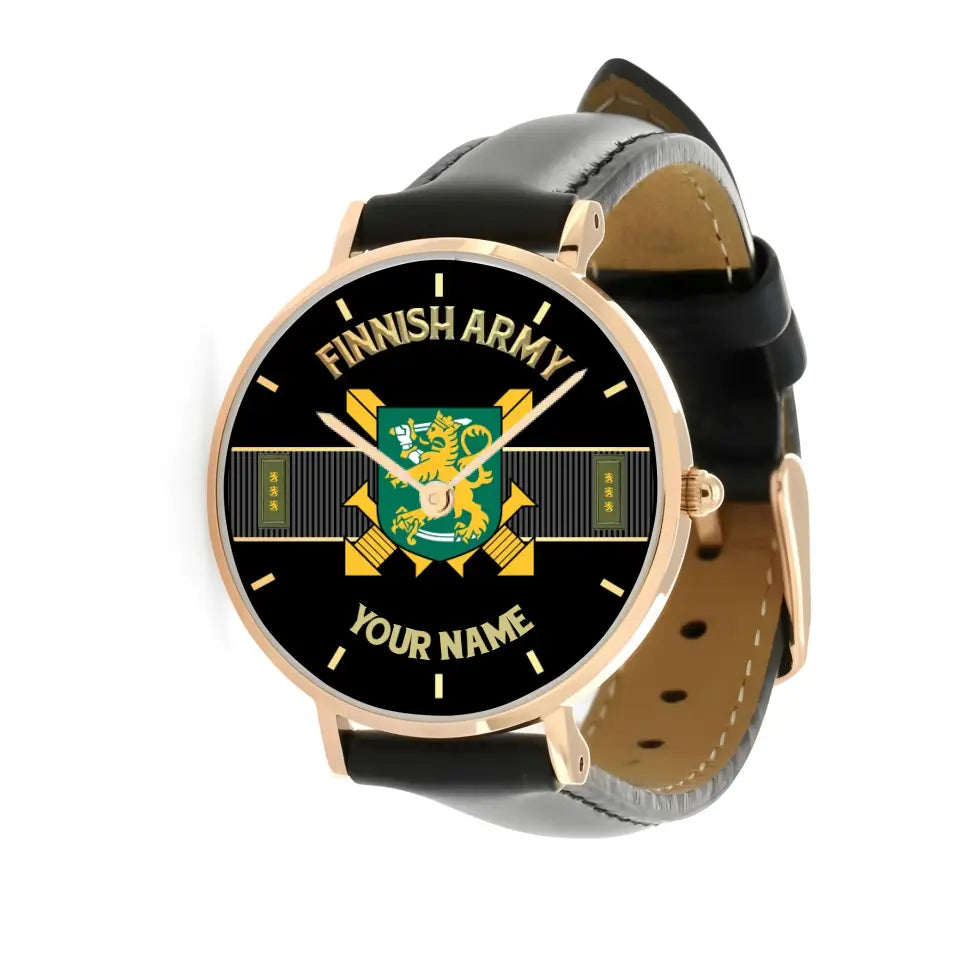 Personalisierte finnische Soldat/Veteran mit Namen und Rang schwarze genähte Lederuhr - 0703240001