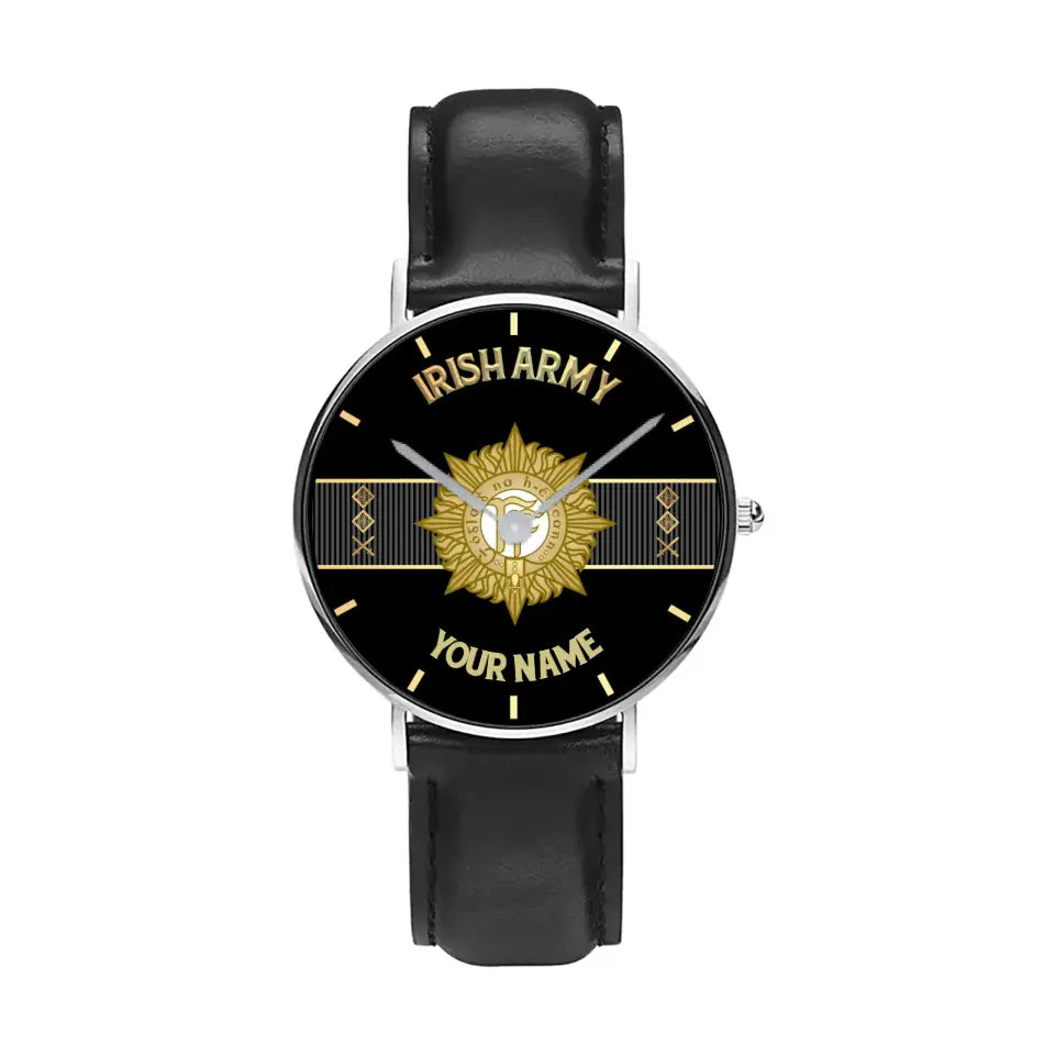 Personalized Ireland Soldier/ Veteran With Name And Rank Black Stitched Leather Watch - 0703240001 - Gold Version