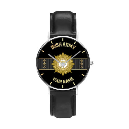 Personalized Ireland Soldier/ Veteran With Name And Rank Black Stitched Leather Watch - 0703240001 - Gold Version