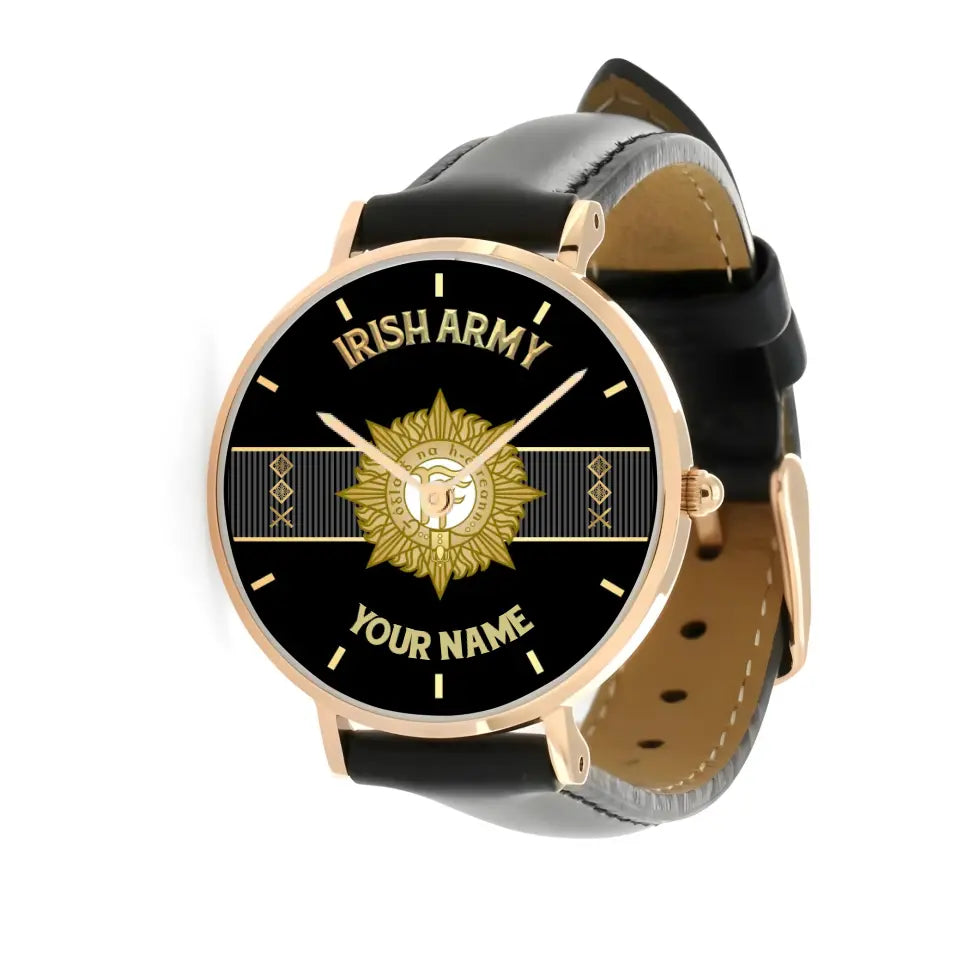 Personalized Ireland Soldier/ Veteran With Name And Rank Black Stitched Leather Watch - 0703240001 - Gold Version