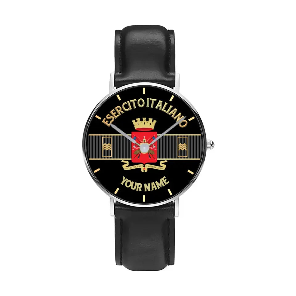 Montre personnalisée en cuir noir avec coutures noires pour soldat/vétéran italien avec nom et grade - 0703240001 - Version dorée