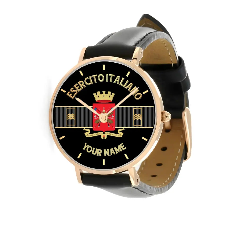 Personalisierte italienische Soldat/Veteran mit Namen und Rang, schwarze genähte Lederuhr – 0703240001 – goldene Version