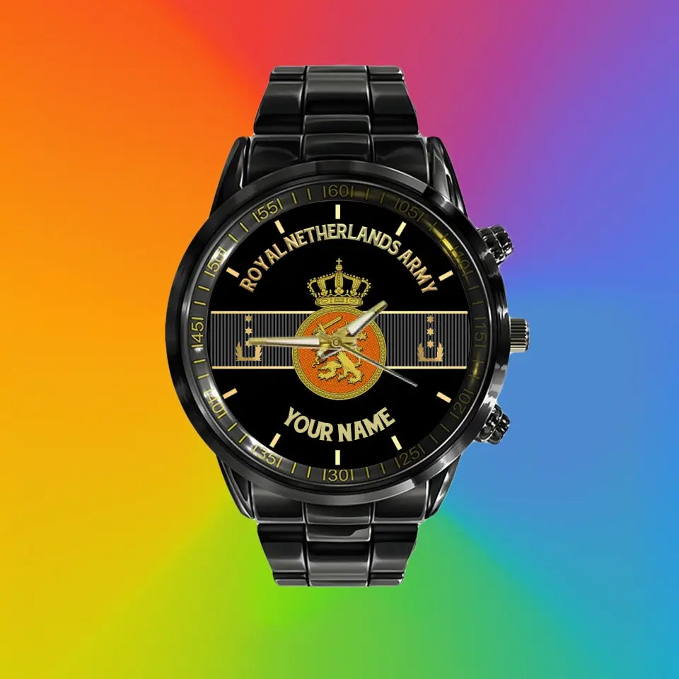 Montre personnalisée en acier inoxydable noir pour soldat/vétéran des Pays-Bas avec nom et grade - 0703240001 - Version dorée