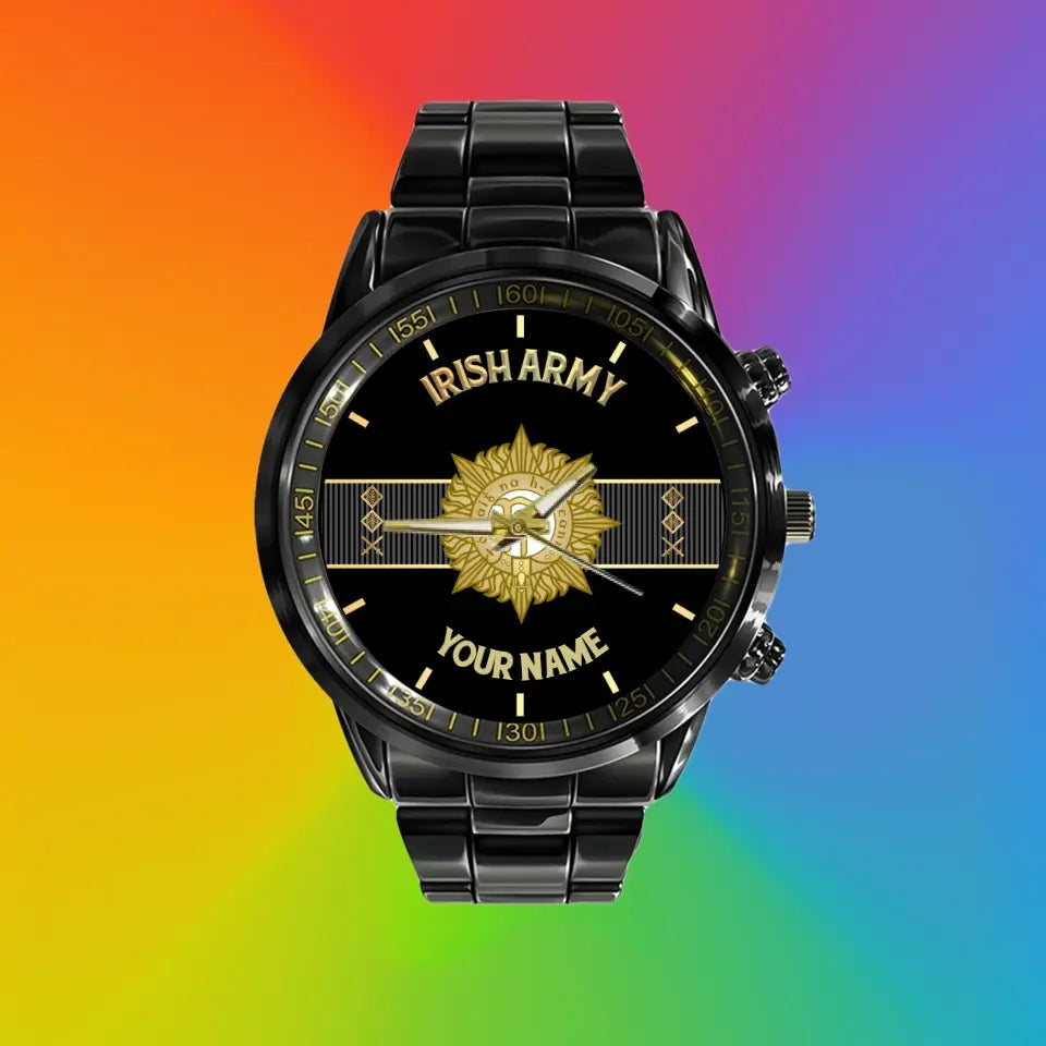 Montre personnalisée en acier inoxydable noir pour soldat/vétéran irlandais avec nom et grade - 0703240001 - Version dorée