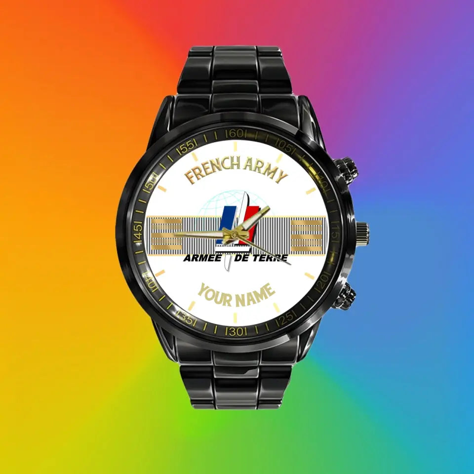 Personalized France Soldier/ Veteran With Name And Rank Black Stainless Steel Watch - 0703240001 - Gold Version