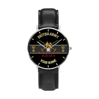 Personalized UK Soldier/ Veteran With Name And Rank Black Stitched Leather Watch - 0703240001 - Gold Version