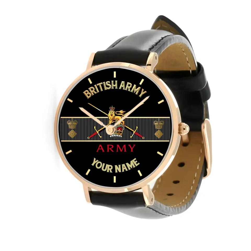 Montre personnalisée en cuir noir avec coutures noires pour soldat/vétéran du Royaume-Uni avec nom et grade - 0703240001 - Version dorée