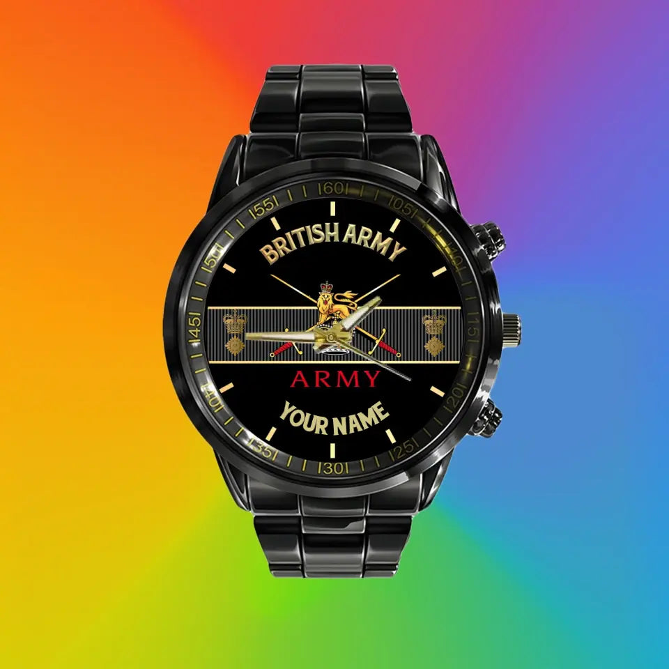 Personalized UK Soldier/ Veteran With Name And Rank Black Stainless Steel Watch - 17097696 - Gold Version