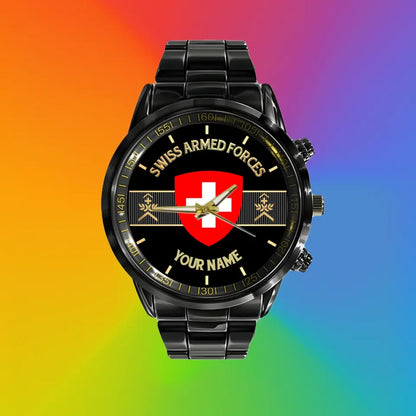 Personalized Swiss Soldier/ Veteran With Name And Rank Black Stainless Steel Watch - 0703240001 - Gold Version