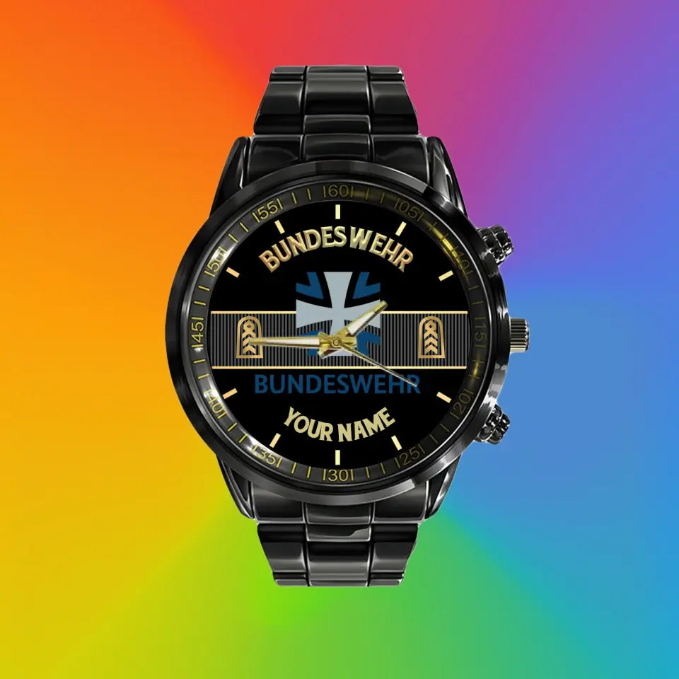 Montre personnalisée en acier inoxydable noir pour soldat/vétéran allemand avec nom et grade - 0703240001 - Version dorée