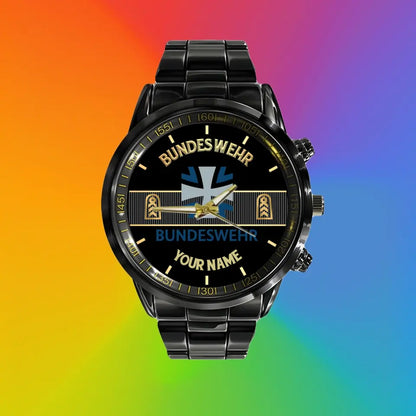 Montre personnalisée en acier inoxydable noir pour soldat/vétéran allemand avec nom et grade - 0703240001 - Version dorée