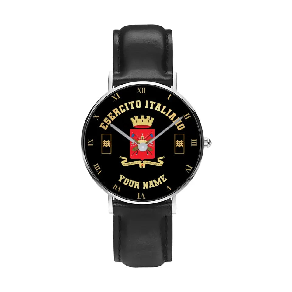 Montre personnalisée en cuir noir avec coutures noires pour soldat/vétéran italien avec nom et grade - 0803240001 - Version dorée