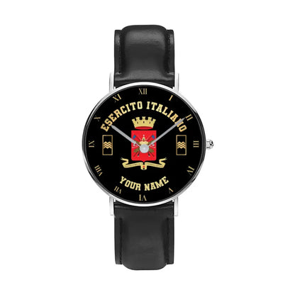 Montre personnalisée en cuir noir avec coutures noires pour soldat/vétéran italien avec nom et grade - 0803240001 - Version dorée