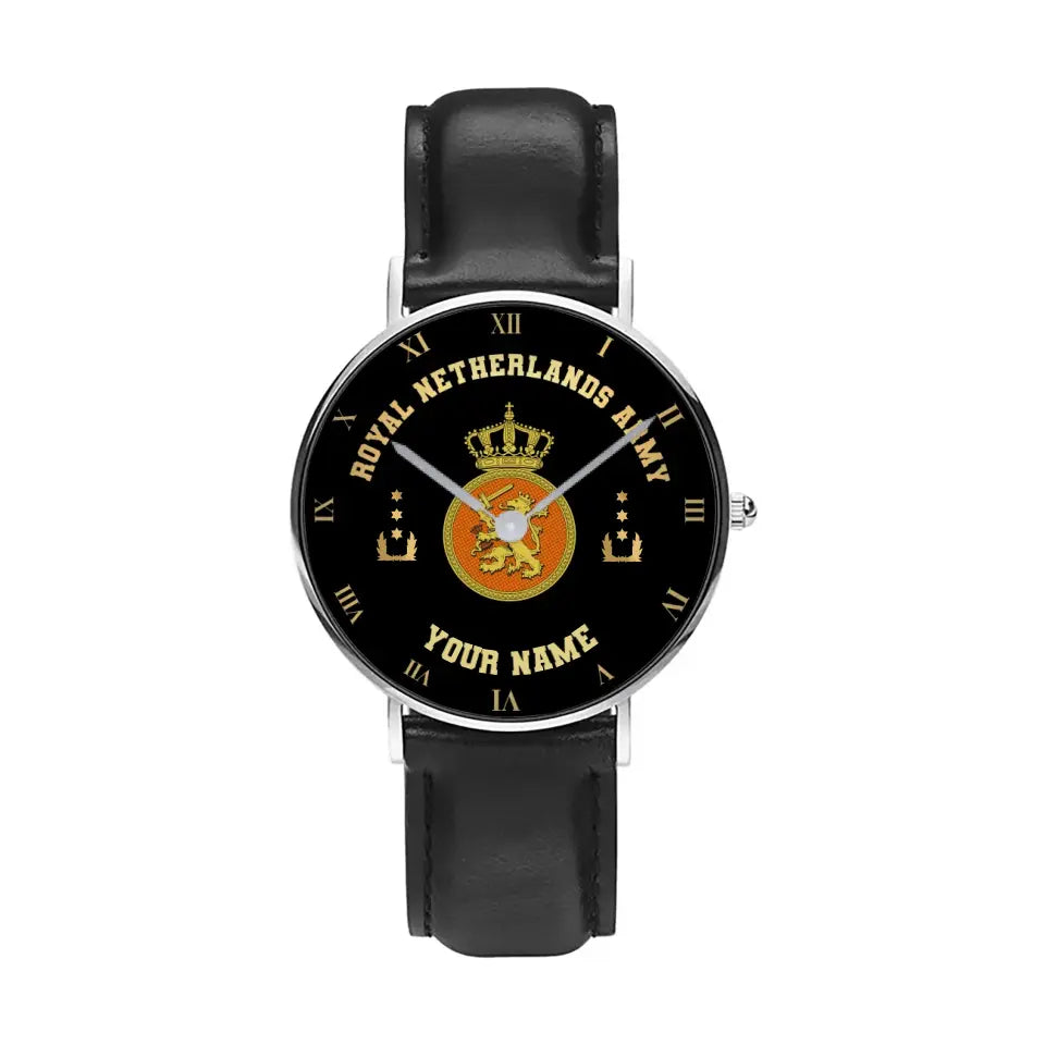 Montre personnalisée en cuir noir cousu avec nom et grade pour soldat/vétéran néerlandais - 0803240001 - Version dorée