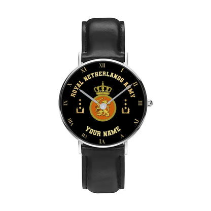 Personalized Netherlands Soldier/ Veteran With Name And Rank Black Stitched Leather Watch - 0803240001 - Gold Version