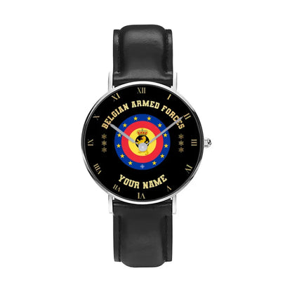 Montre Personnalisée Soldat/Vétéran Belge Avec Nom Et Grade En Cuir Noir Surpiqué - 0803240001 - Version Or