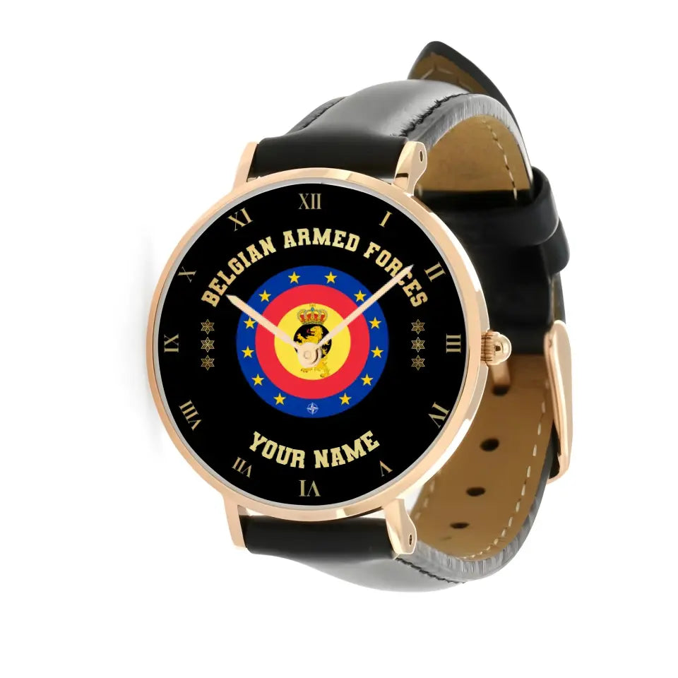 Montre Personnalisée Soldat/Vétéran Belge Avec Nom Et Grade En Cuir Noir Surpiqué - 0803240001 - Version Or