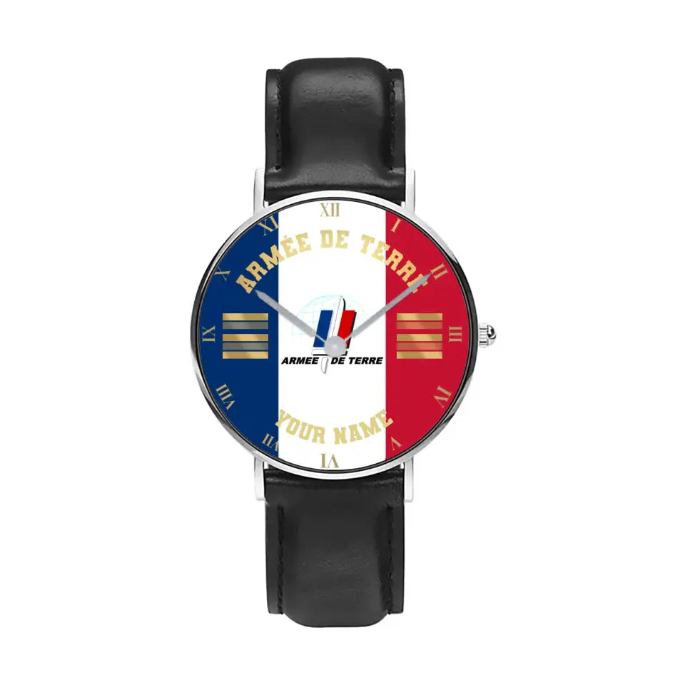 Personalized France Soldier/ Veteran With Name And Rank Black Stitched Leather Watch - 0803240001 - Gold Version