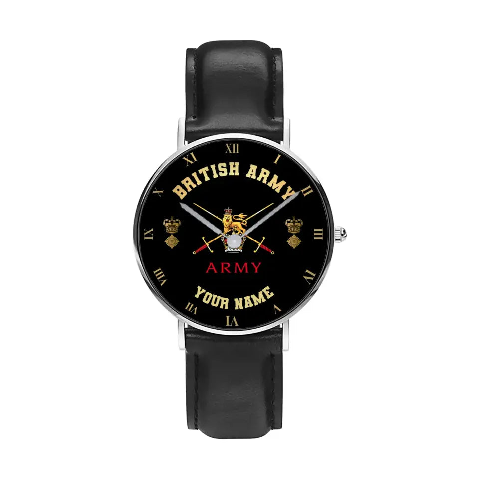 Personalized UK Soldier/ Veteran With Name And Rank Black Stitched Leather Watch - 0803240001 - Gold Version