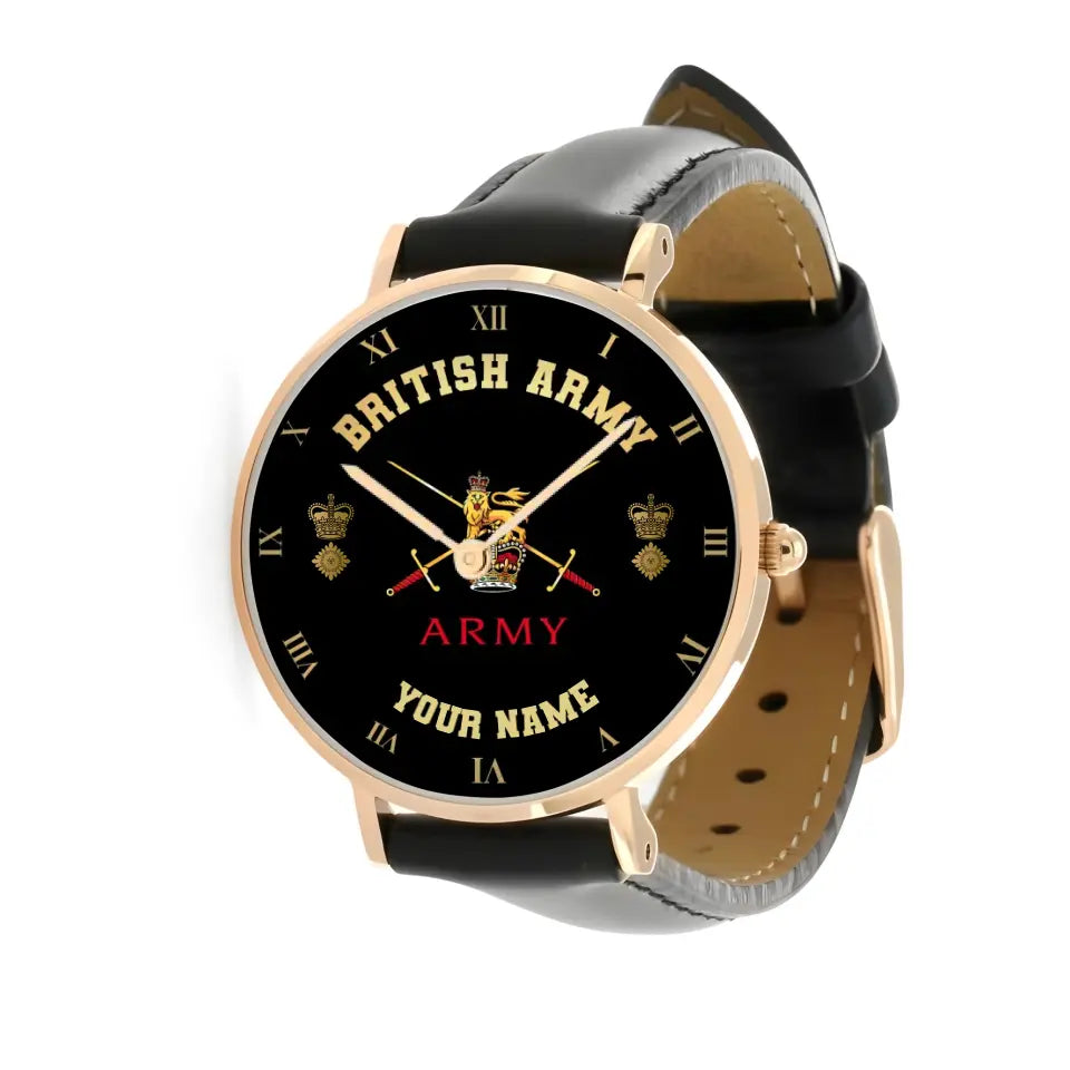 Montre personnalisée en cuir noir avec coutures noires pour soldat/vétéran du Royaume-Uni avec nom et grade - 0803240001 - Version dorée