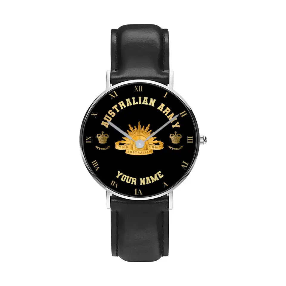 Montre personnalisée en cuir noir avec coutures noires pour soldat/vétéran australien avec nom et grade - 0803240001 - Version dorée