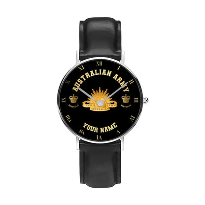 Montre personnalisée en cuir noir avec coutures noires pour soldat/vétéran australien avec nom et grade - 0803240001 - Version dorée