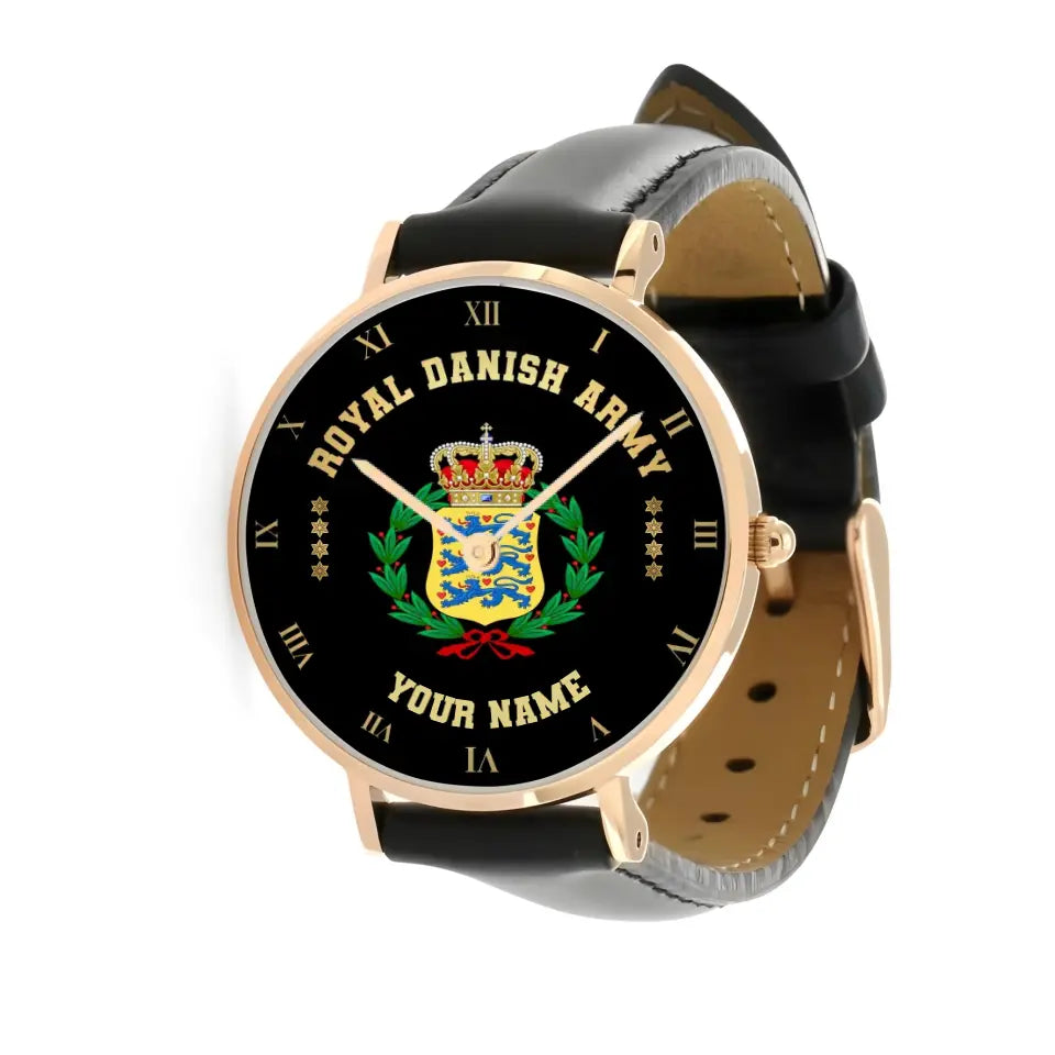 Personalized Denmark Soldier/ Veteran With Name And Rank Black Stitched Leather Watch - 0803240001 - Gold Version