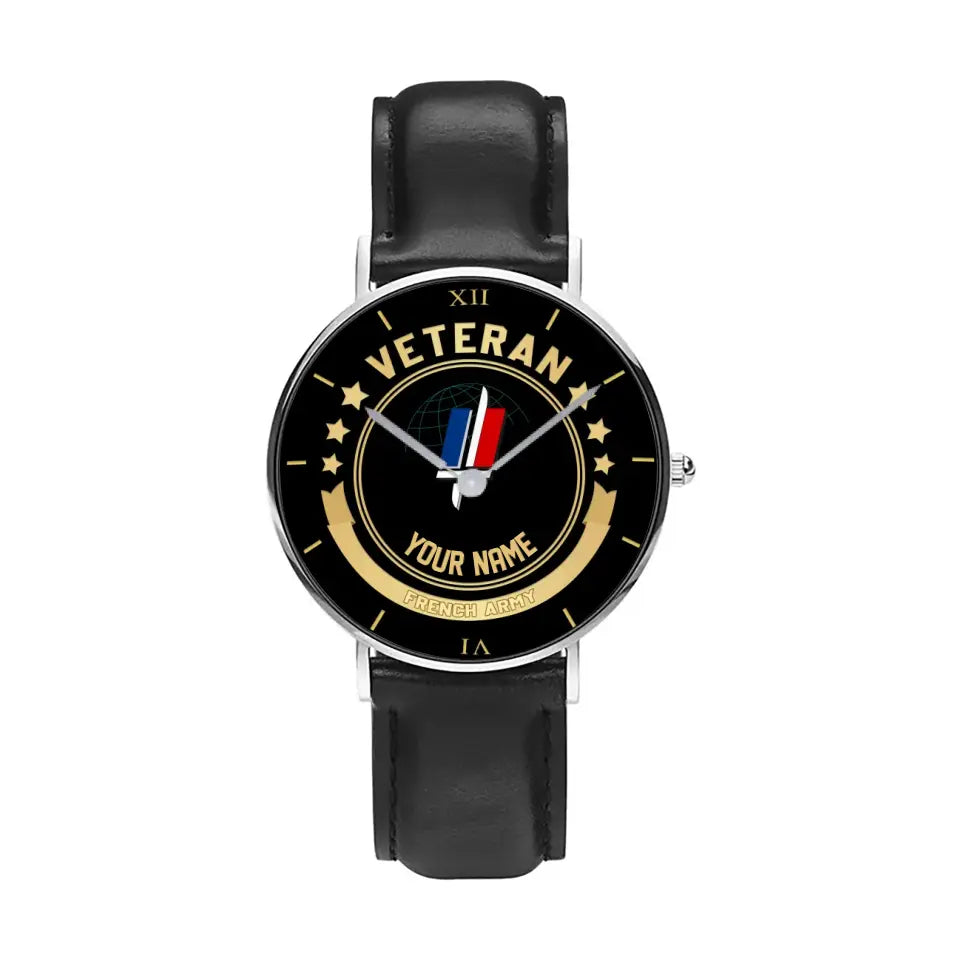 Montre Personnalisée Soldat/Vétéran France Avec Nom En Cuir Noir Surpiqué - 1103240001 - Version Or