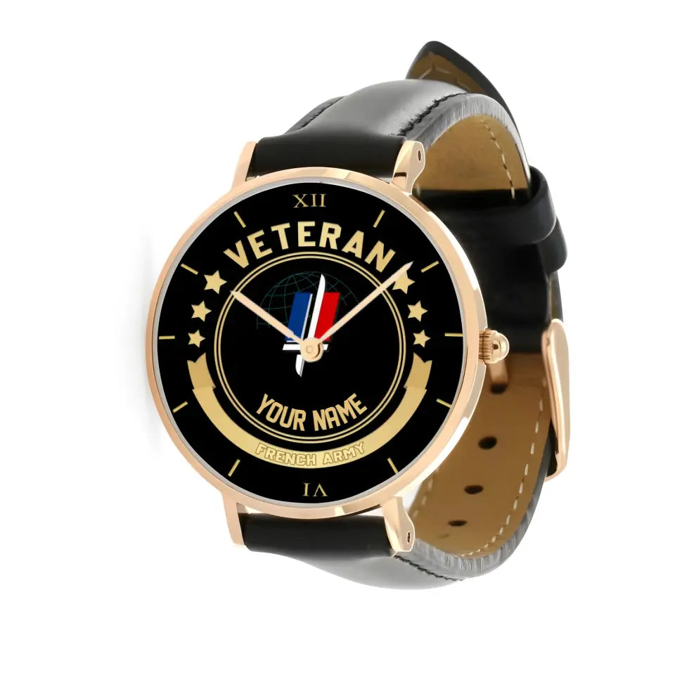 Personalized France Soldier/ Veteran With Name Black Stitched Leather Watch - 1103240001 - Gold Version